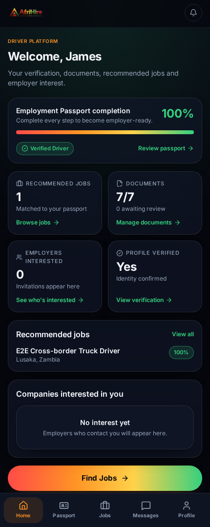 AfriHire mobile app driver home screen showing Employment Passport completion and recommended jobs