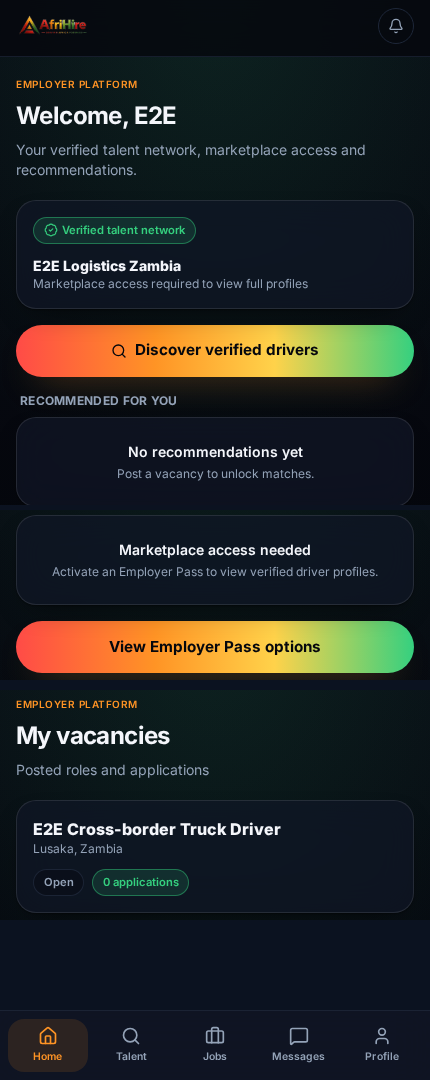 AfriHire mobile app employer home screen showing verified talent network and marketplace access