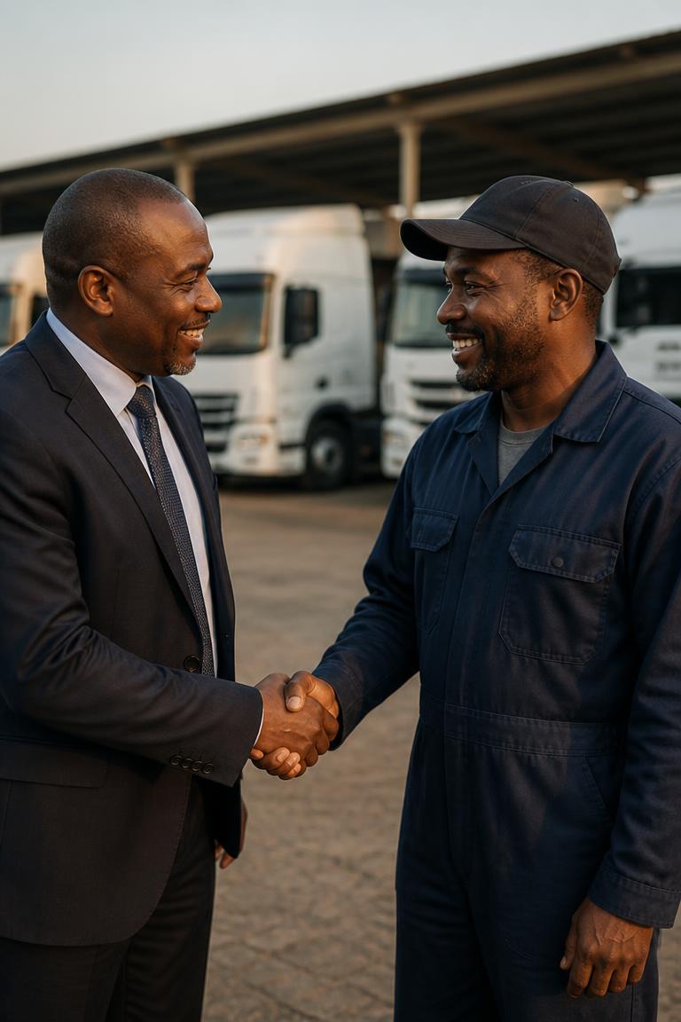 Employer welcoming a verified AfriHire driver with a handshake